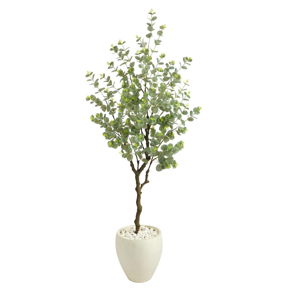 63in. Eucalyptus Artificial Tree in White Planter. Picture 1