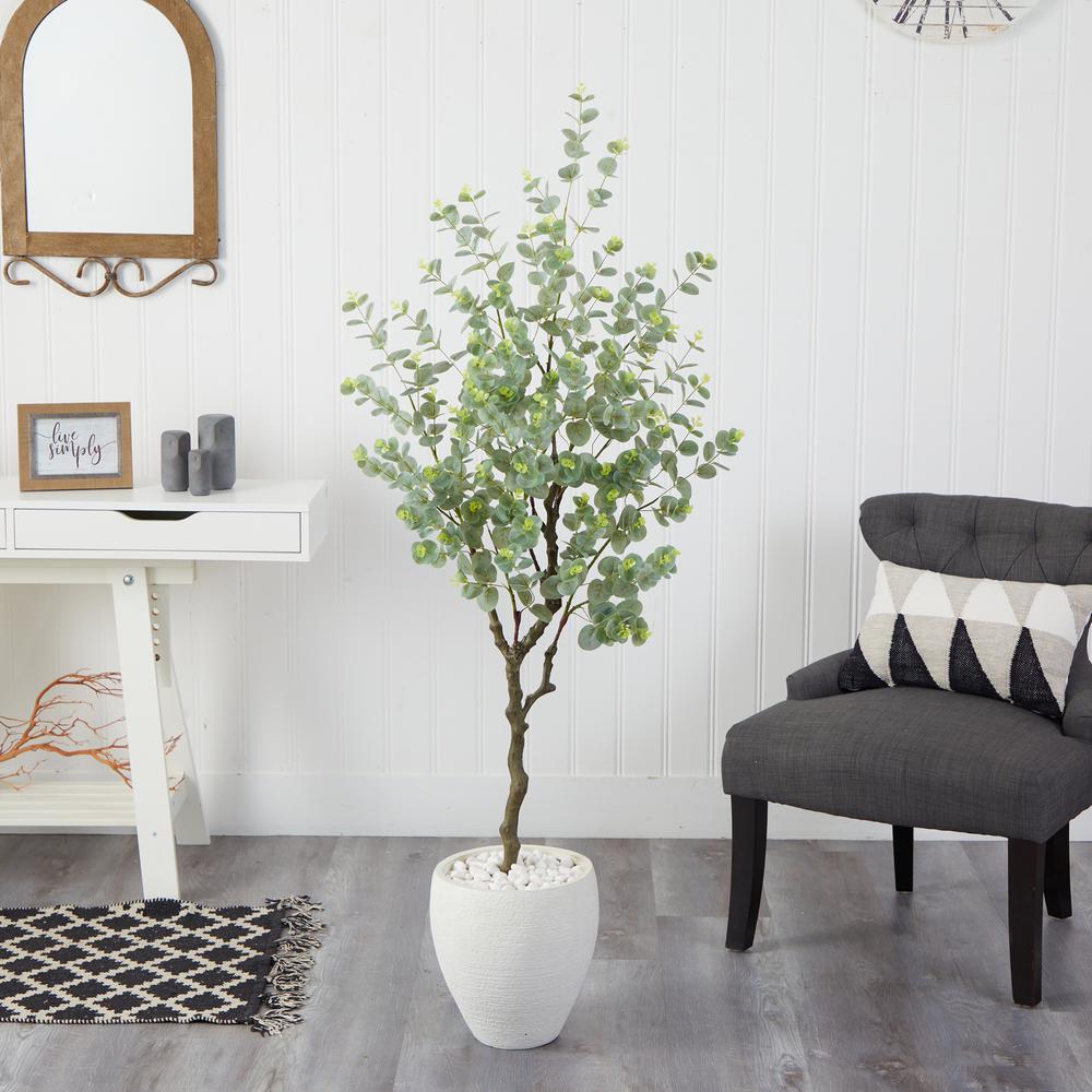 63in. Eucalyptus Artificial Tree in White Planter. Picture 3