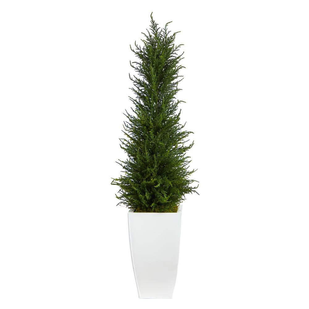 3.5ft. Cypress Artificial Tree in White Metal Planter (Indoor/Outdoor). Picture 1