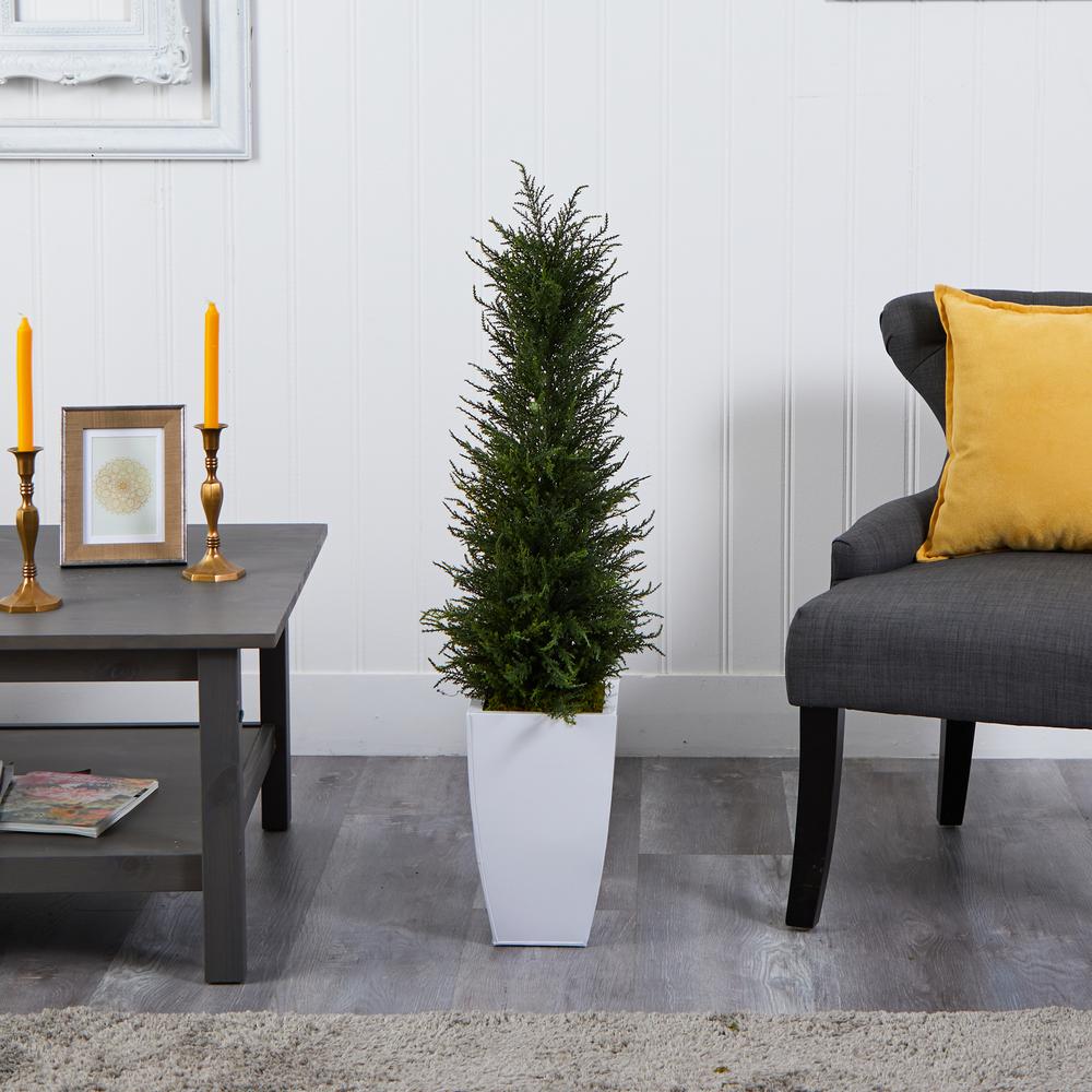 3.5ft. Cypress Artificial Tree in White Metal Planter (Indoor/Outdoor). Picture 3