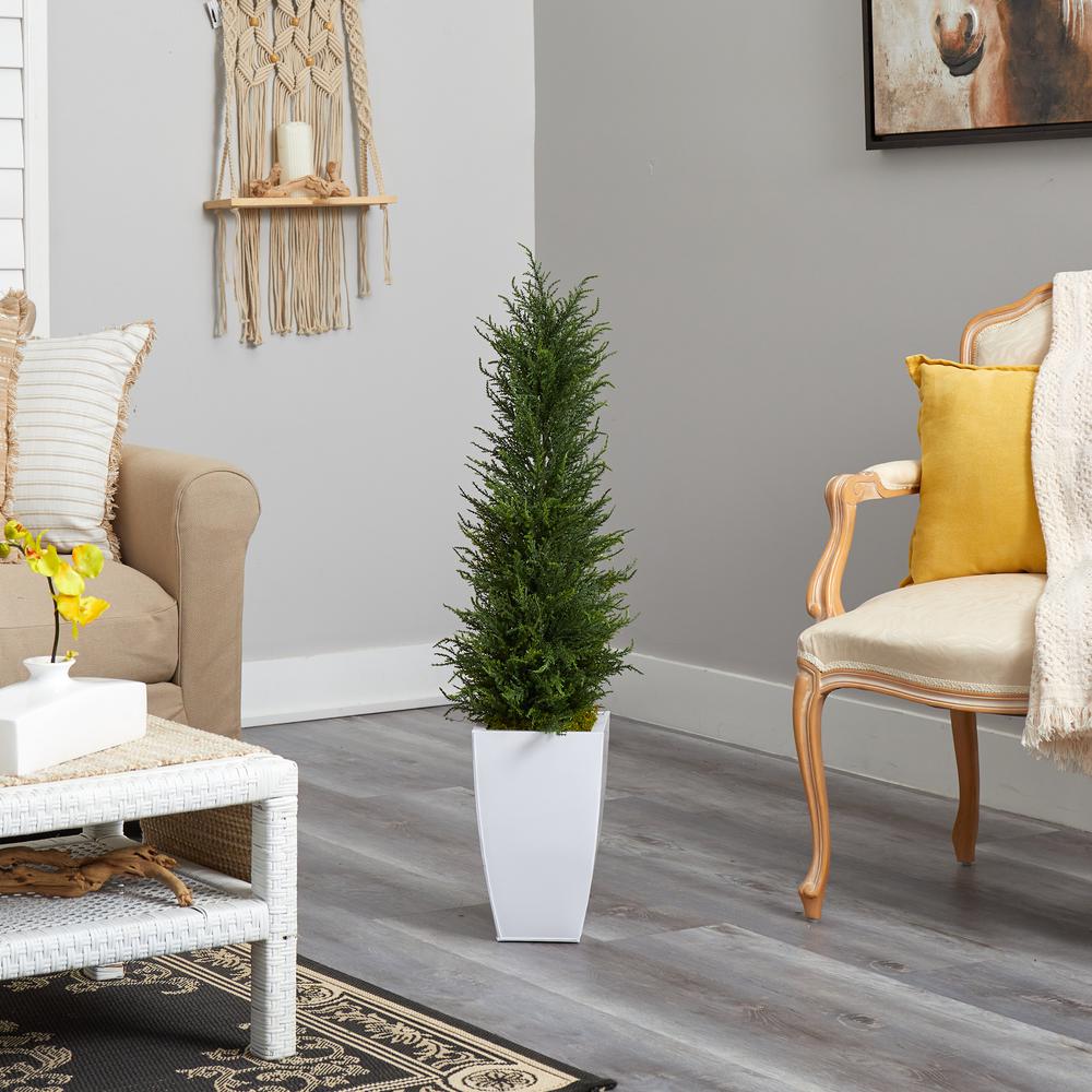 3.5ft. Cypress Artificial Tree in White Metal Planter (Indoor/Outdoor). Picture 4
