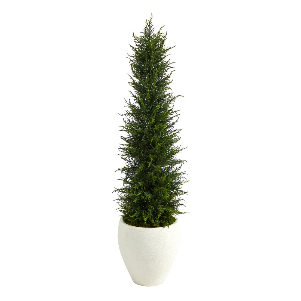 4ft. Cypress Artificial Tree in White Planter UV Resistant (Indoor/Outdoor). Picture 1