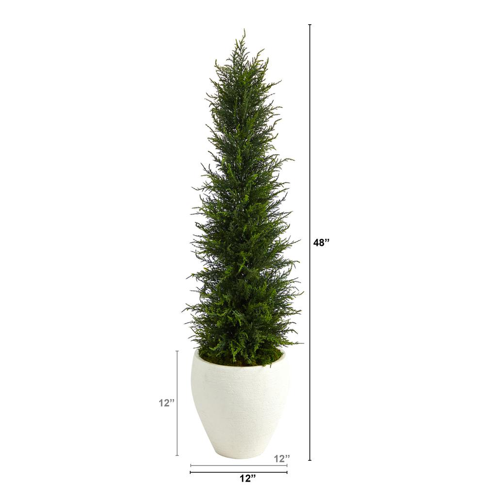 4ft. Cypress Artificial Tree in White Planter UV Resistant (Indoor/Outdoor). Picture 2