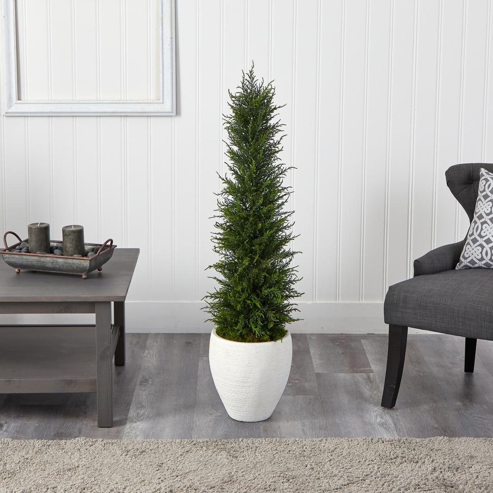 4ft. Cypress Artificial Tree in White Planter UV Resistant (Indoor/Outdoor). Picture 3