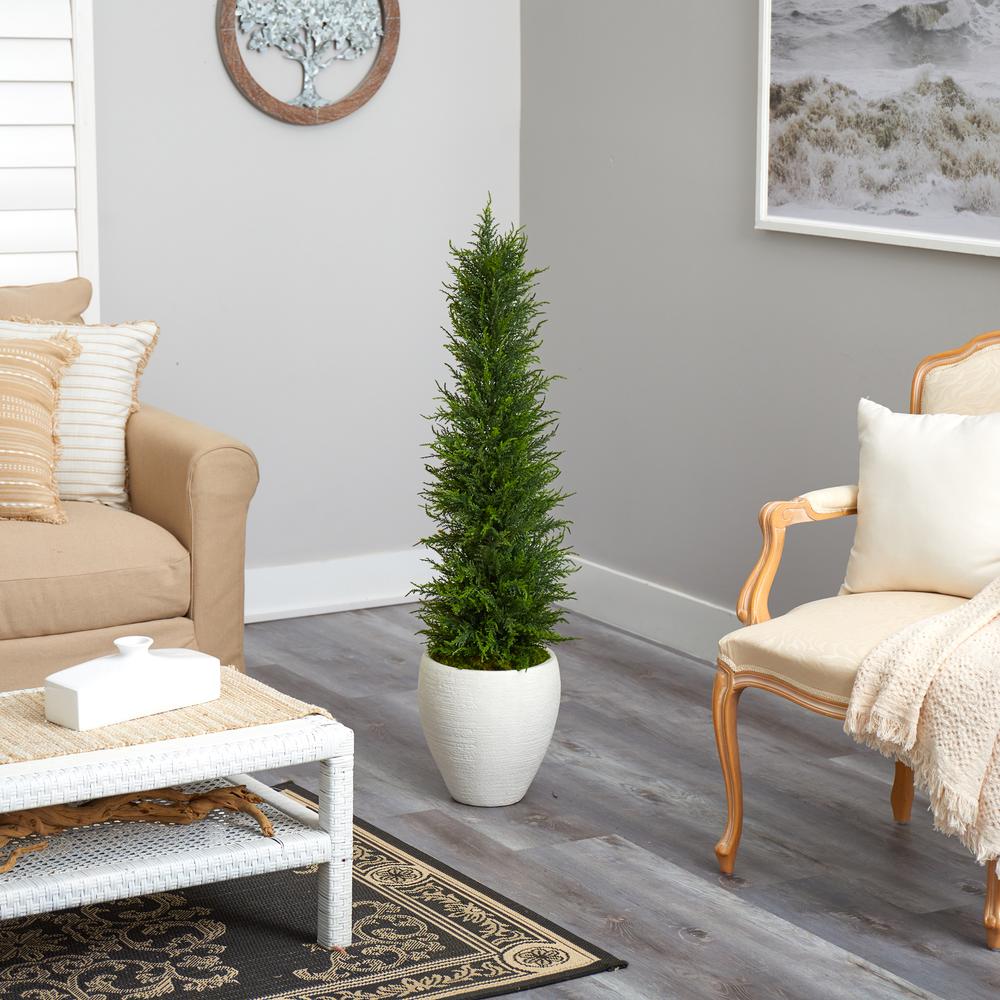 4ft. Cypress Artificial Tree in White Planter UV Resistant (Indoor/Outdoor). Picture 4