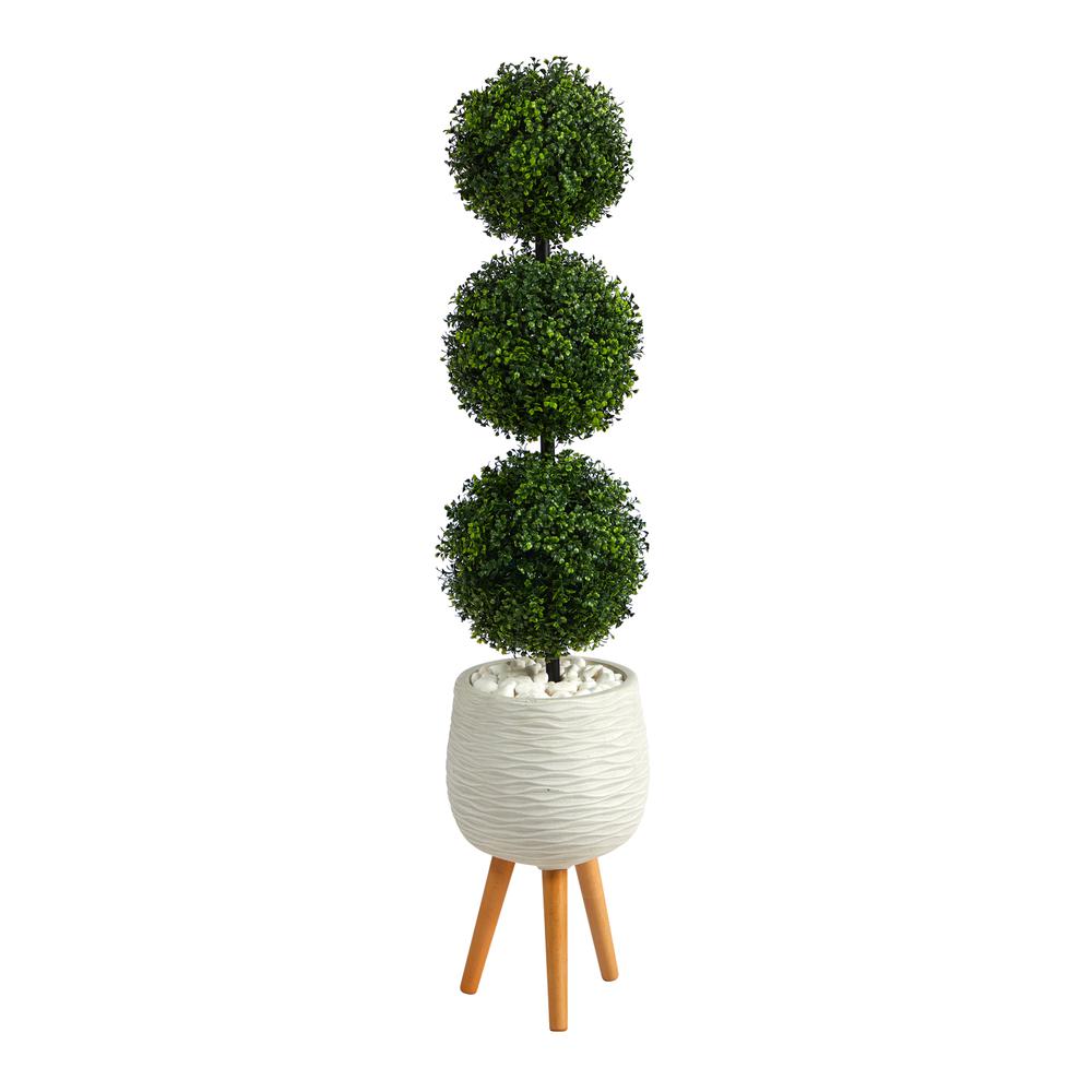51in. Boxwood Triple Ball Topiary Artificial Tree in White Planter with Stand. Picture 1