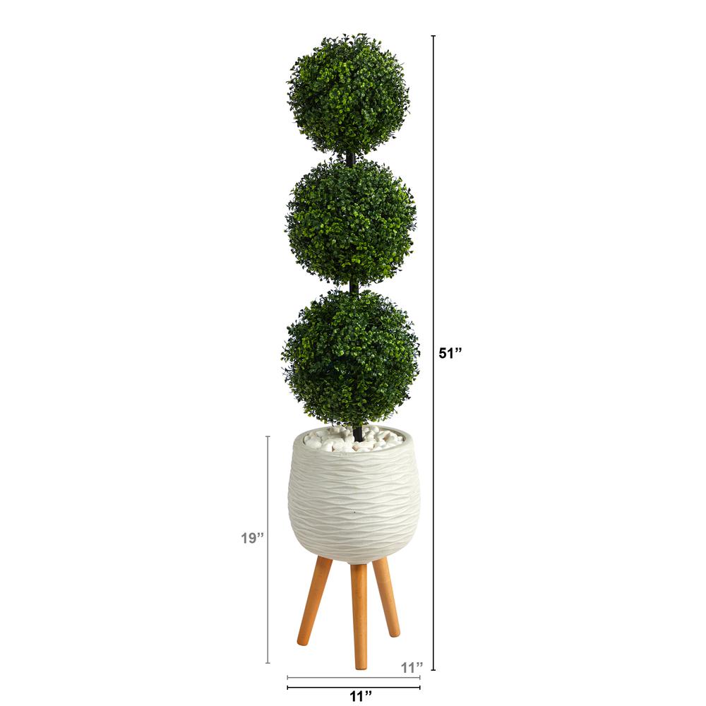51in. Boxwood Triple Ball Topiary Artificial Tree in White Planter with Stand. Picture 2