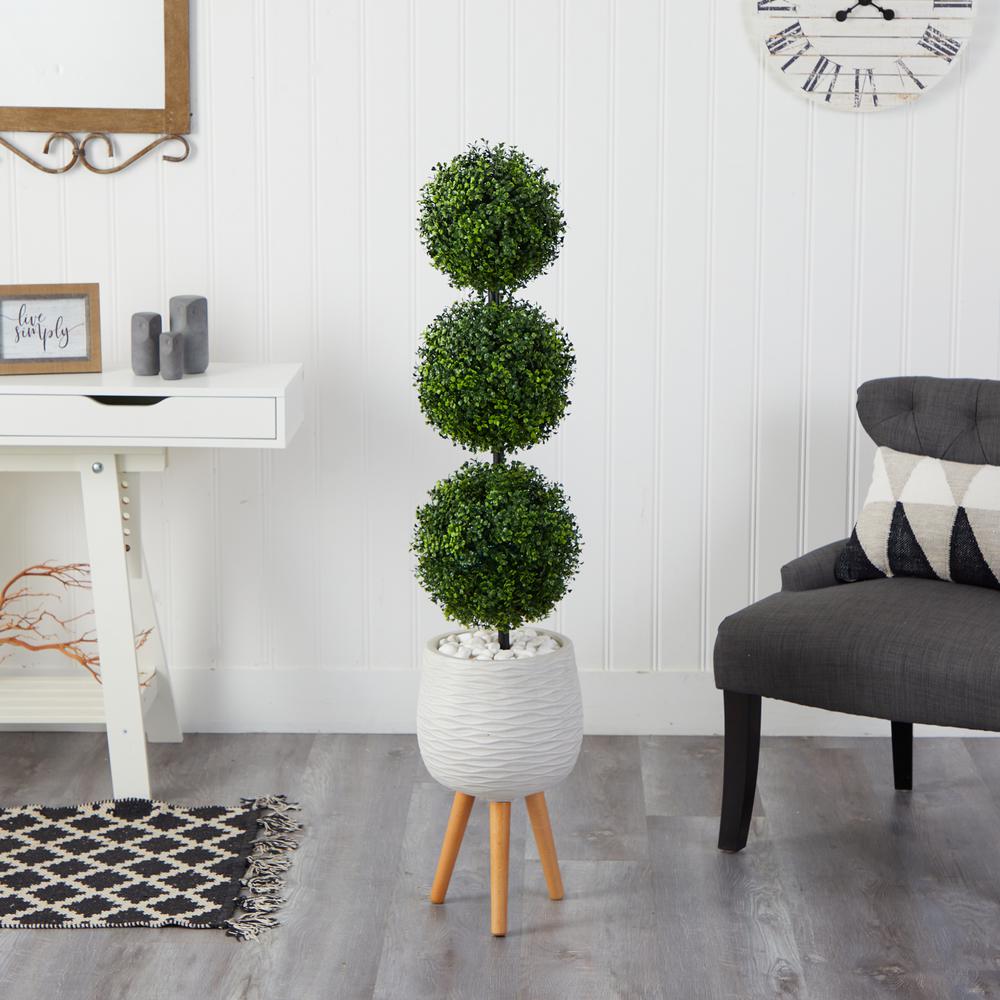 51in. Boxwood Triple Ball Topiary Artificial Tree in White Planter with Stand. Picture 3