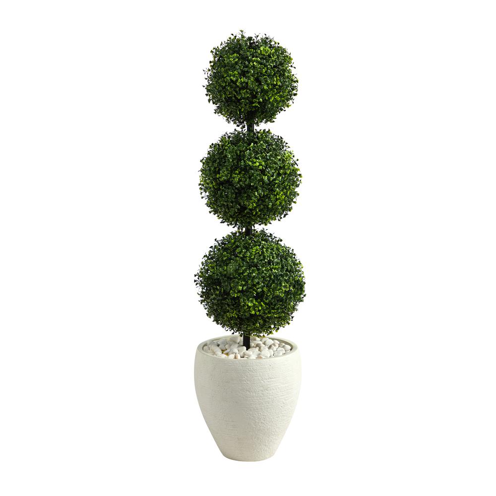 3.5ft. Boxwood Triple Ball Topiary Artificial Tree in White Planter (Indoor/Outdoor). Picture 1