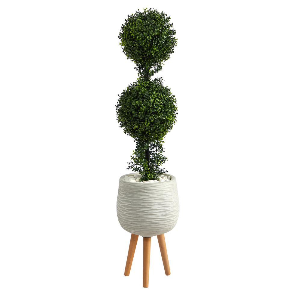 4ft. Boxwood Double Ball Topiary Artificial Tree in White Planter with Stand. Picture 1