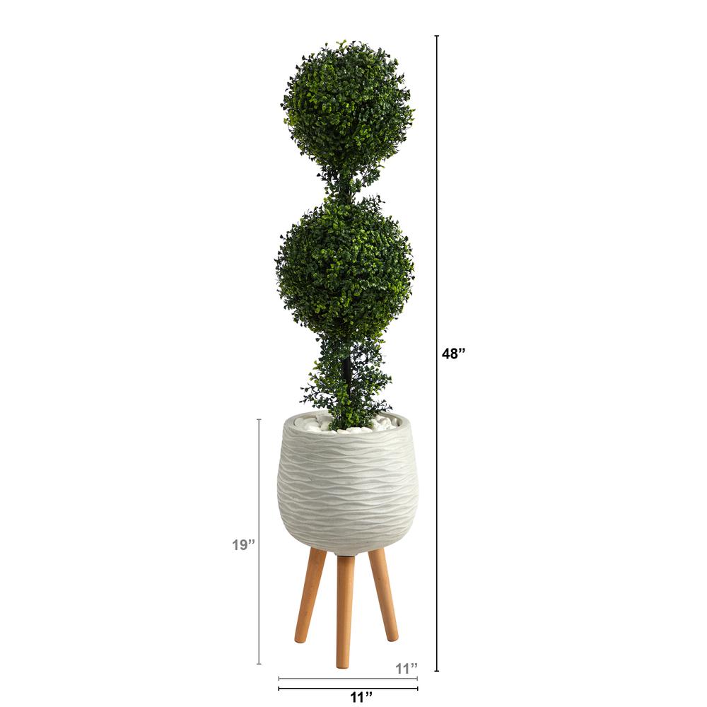 4ft. Boxwood Double Ball Topiary Artificial Tree in White Planter with Stand. Picture 2