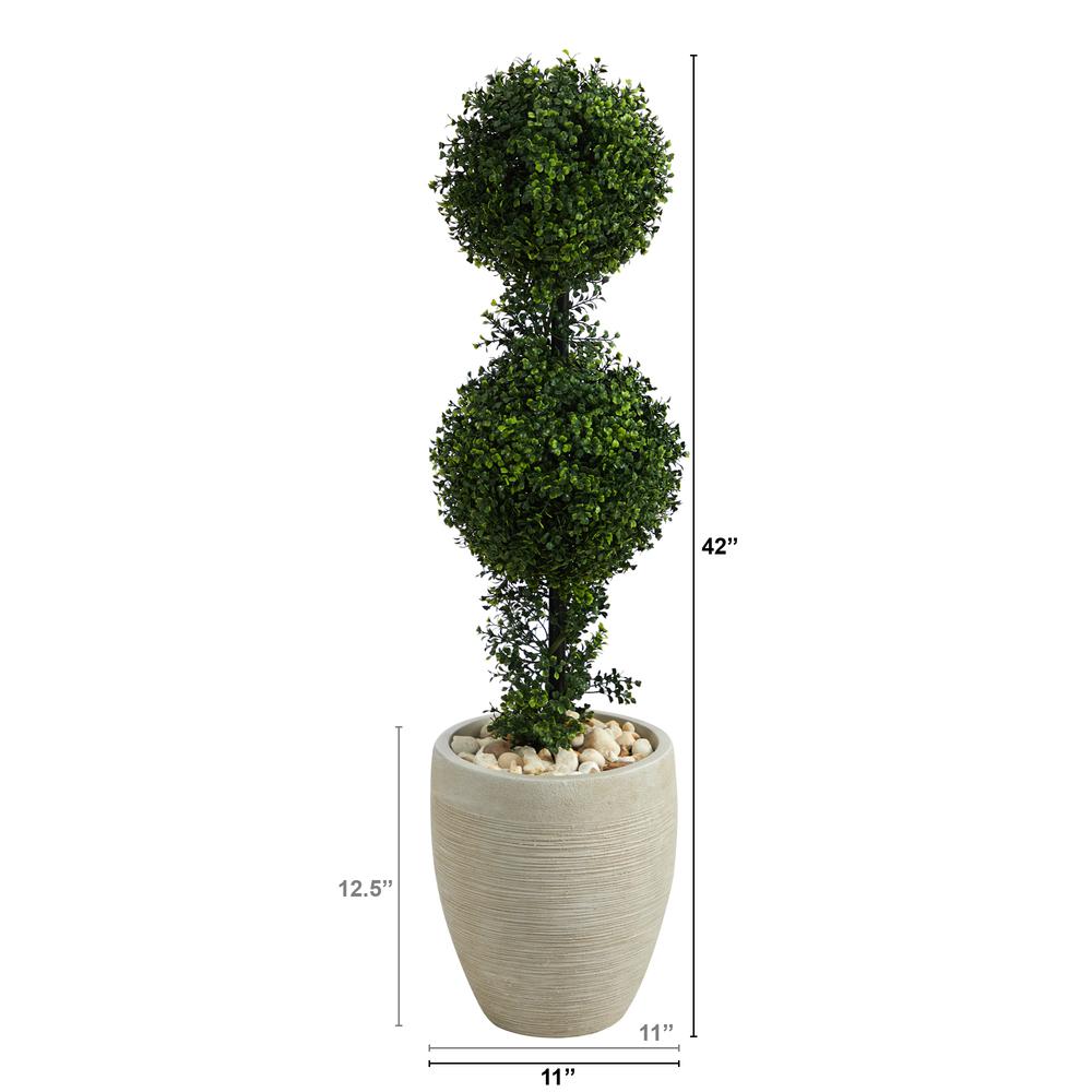 3.5ft. Boxwood Double Ball Topiary Artificial Tree in Sand Colored Planter (Indoor/Outdoor). Picture 2