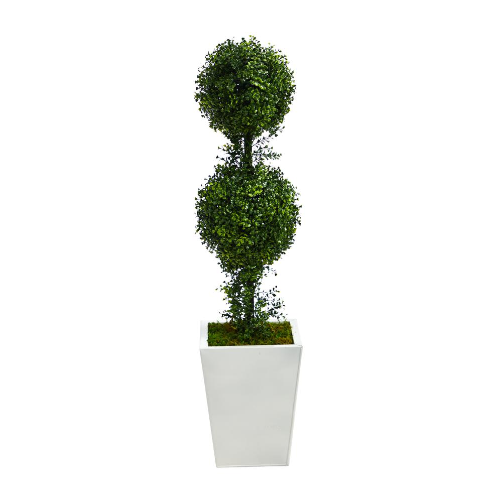 3.5ft. Boxwood Double Ball Topiary Artificial Tree in White Metal Planter(Indoor/Outdoor). Picture 1