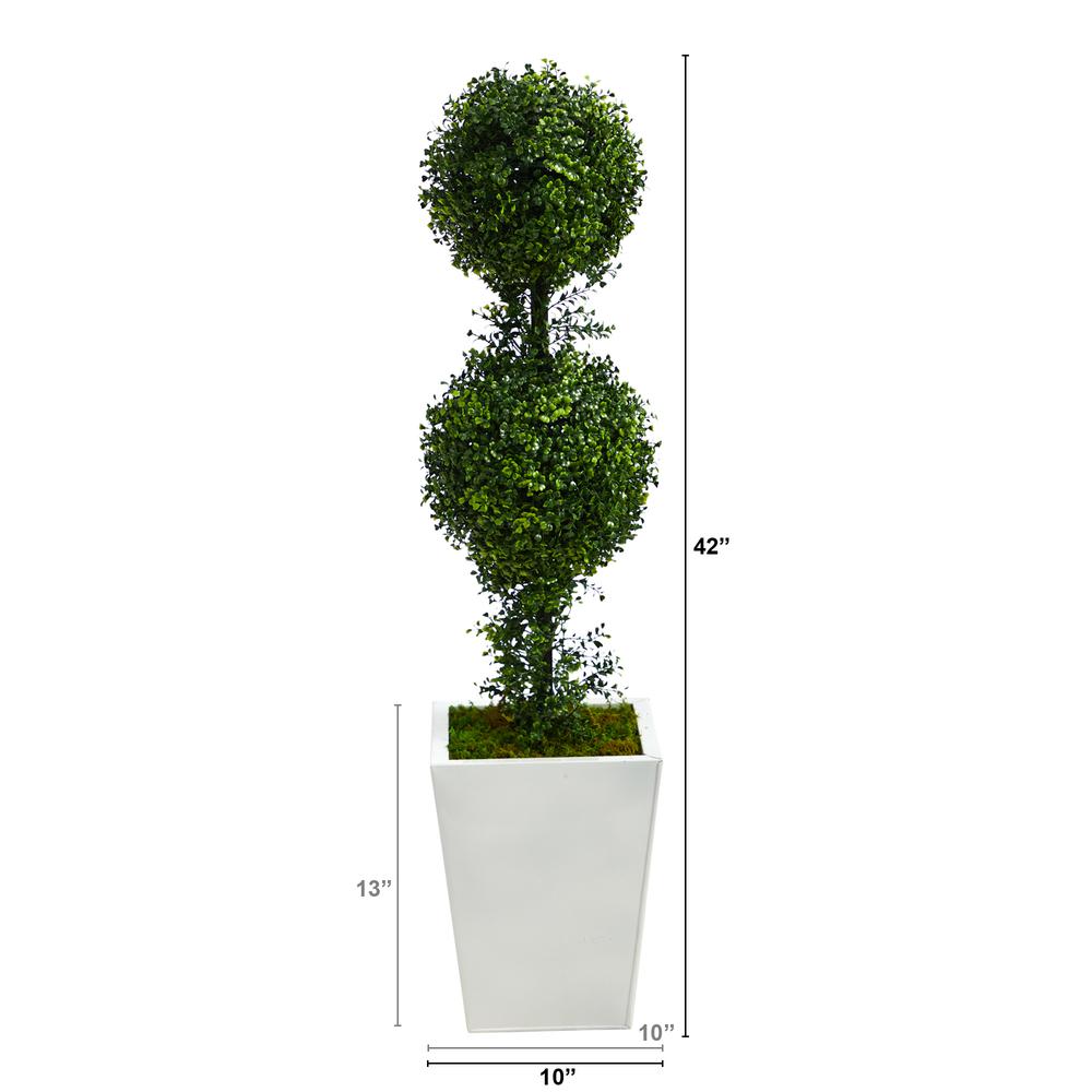 3.5ft. Boxwood Double Ball Topiary Artificial Tree in White Metal Planter(Indoor/Outdoor). Picture 3