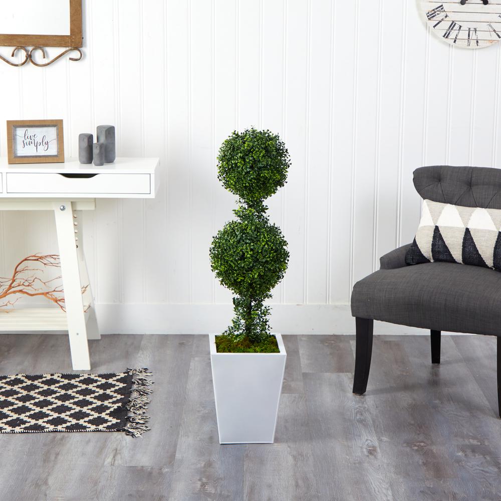 3.5ft. Boxwood Double Ball Topiary Artificial Tree in White Metal Planter(Indoor/Outdoor). Picture 4