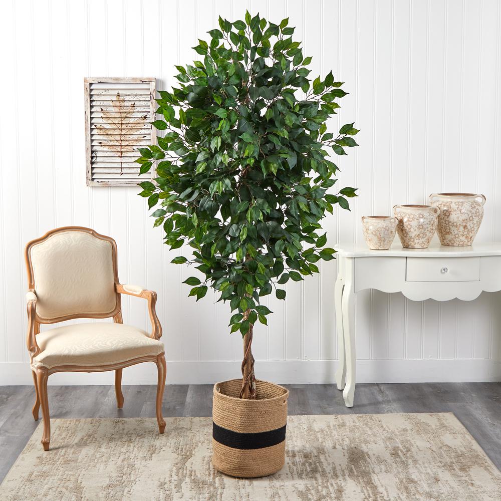 6ft. Ficus Artificial Tree with Natural Trunk in Handmade Natural Cotton Planter. Picture 3
