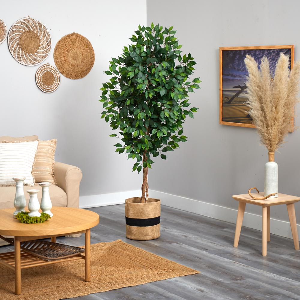 6ft. Ficus Artificial Tree with Natural Trunk in Handmade Natural Cotton Planter. Picture 4