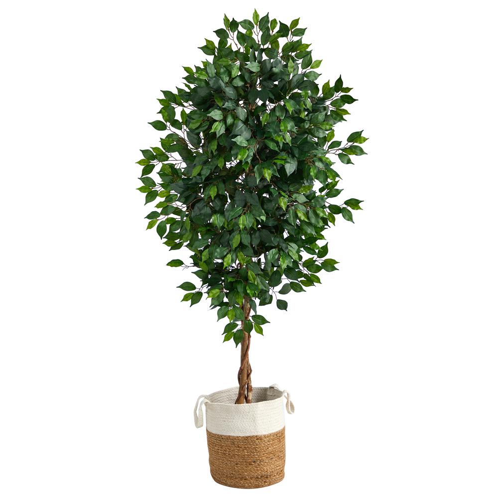 6ft. Ficus Artificial Tree with Natural Trunk in Handmade Natural Jute and Cotton Planter. Picture 1