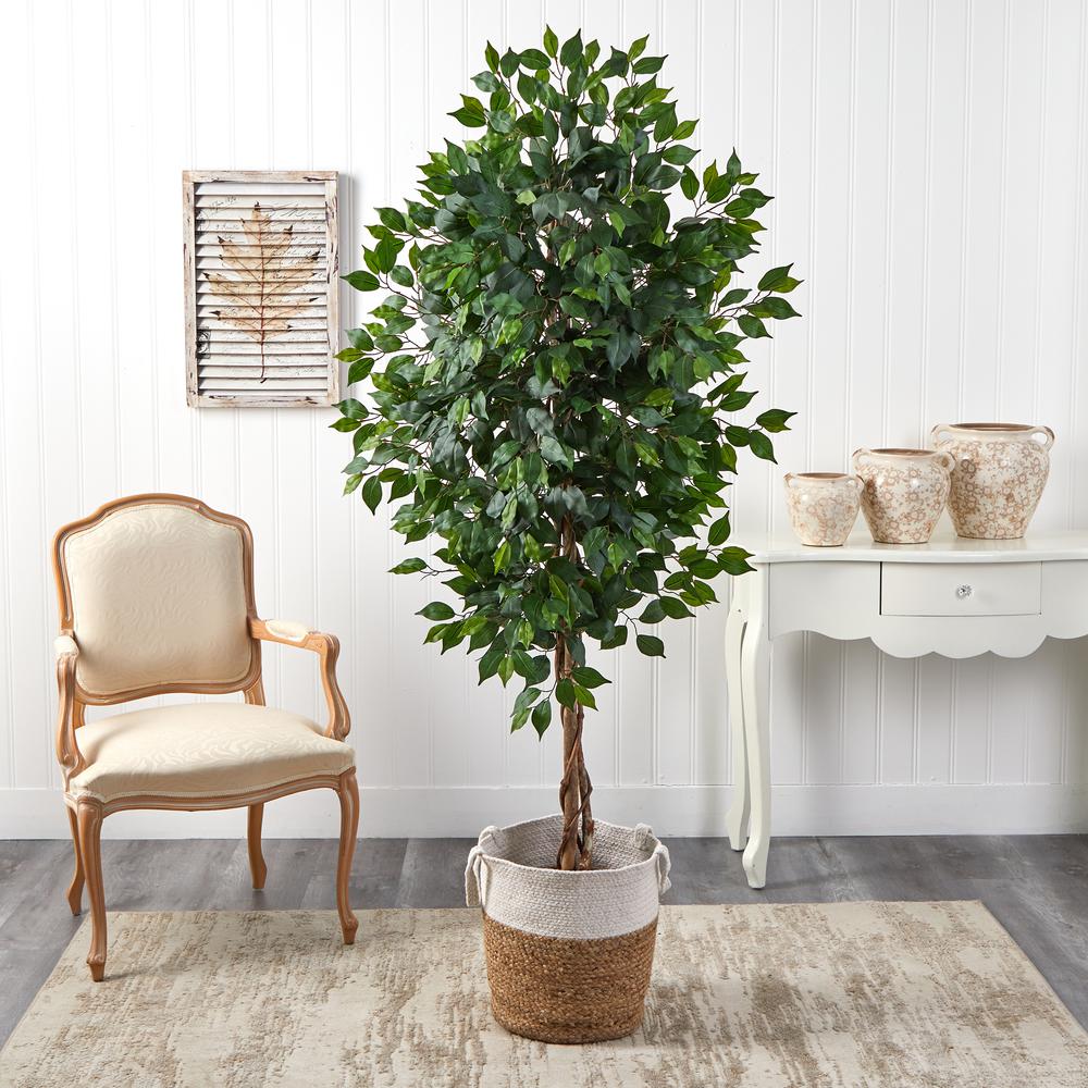 6ft. Ficus Artificial Tree with Natural Trunk in Handmade Natural Jute and Cotton Planter. Picture 3