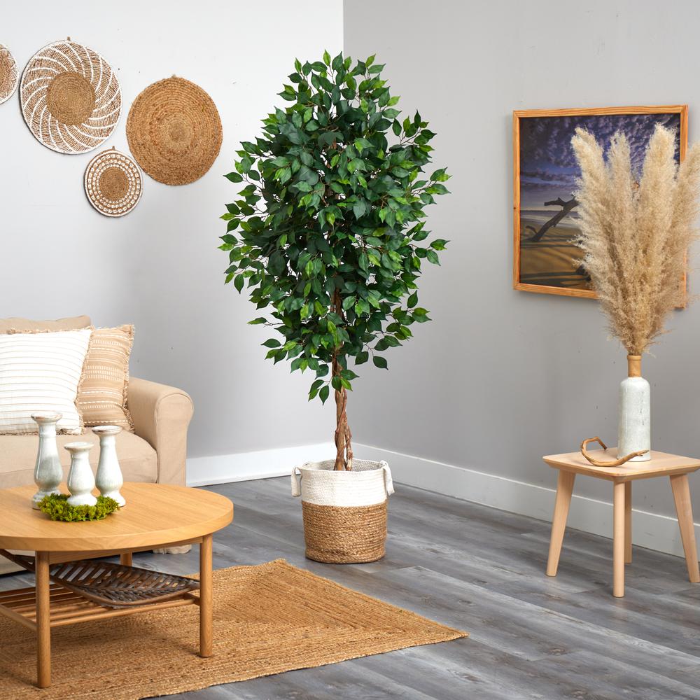 6ft. Ficus Artificial Tree with Natural Trunk in Handmade Natural Jute and Cotton Planter. Picture 4