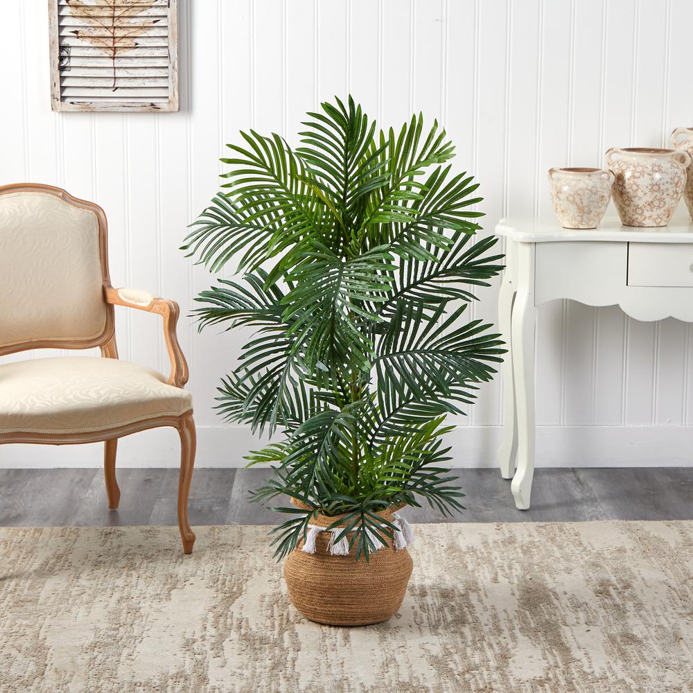 Areca Artificial Palm Tree in Boho Chic Handmade Natural Cotton Woven Planter. Picture 3