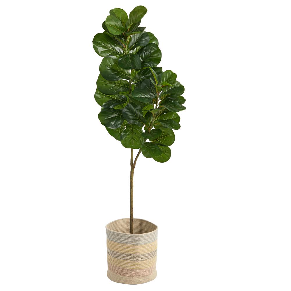 Fiddle Leaf Fig Artificial Tree in Handmade Natural Cotton Woven Planter. Picture 1