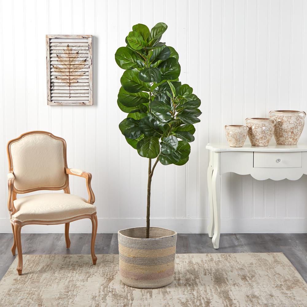 Fiddle Leaf Fig Artificial Tree in Handmade Natural Cotton Woven Planter. Picture 3