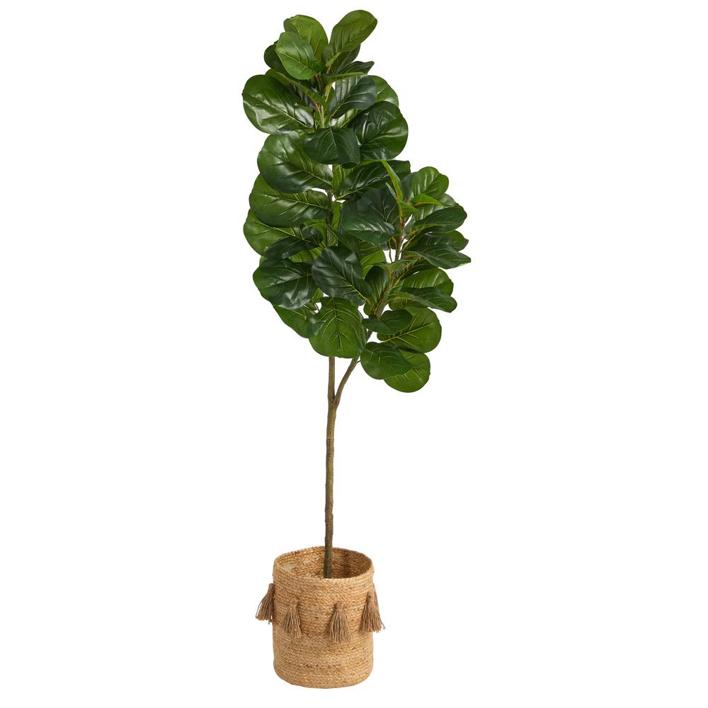 5.5ft. Fiddle Leaf Fig Artificial Tree in Handmade Natural Jute Planter. Picture 1
