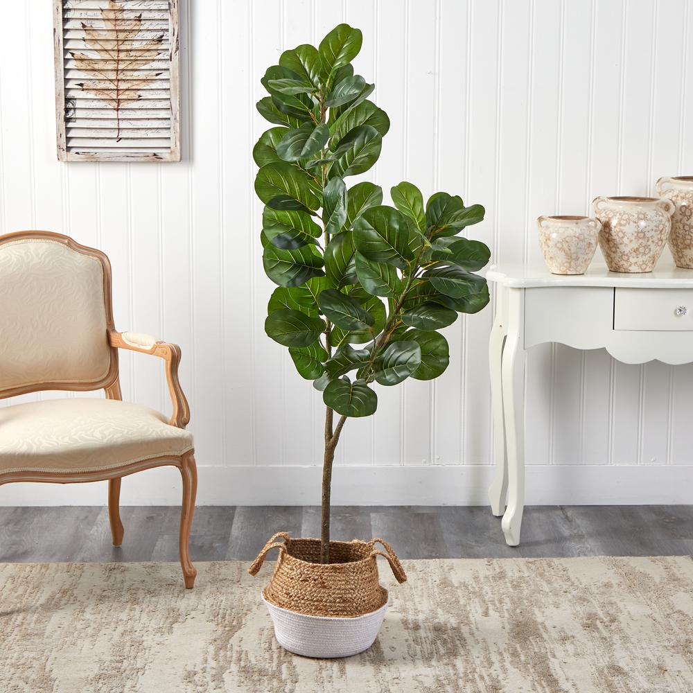 4.5ft. Fiddle Leaf Fig Artificial Tree with Boho Chic Handmade Cotton & Jute White Woven Planter. Picture 2