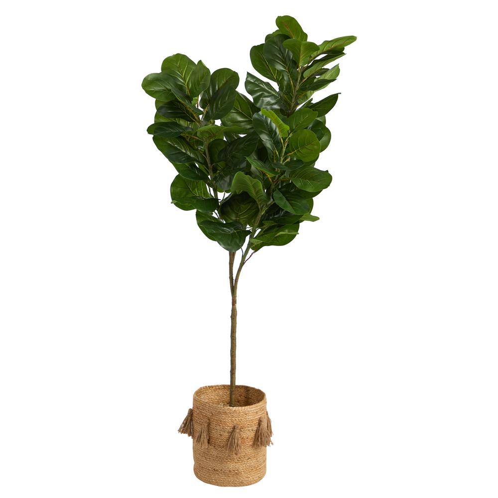 6ft. Fiddle Leaf Fig Artificial Tree in Handmade Natural Jute Planter with Tassels. Picture 1
