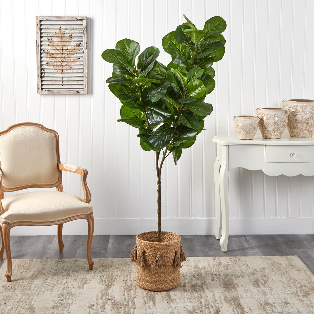 6ft. Fiddle Leaf Fig Artificial Tree in Handmade Natural Jute Planter with Tassels. Picture 4