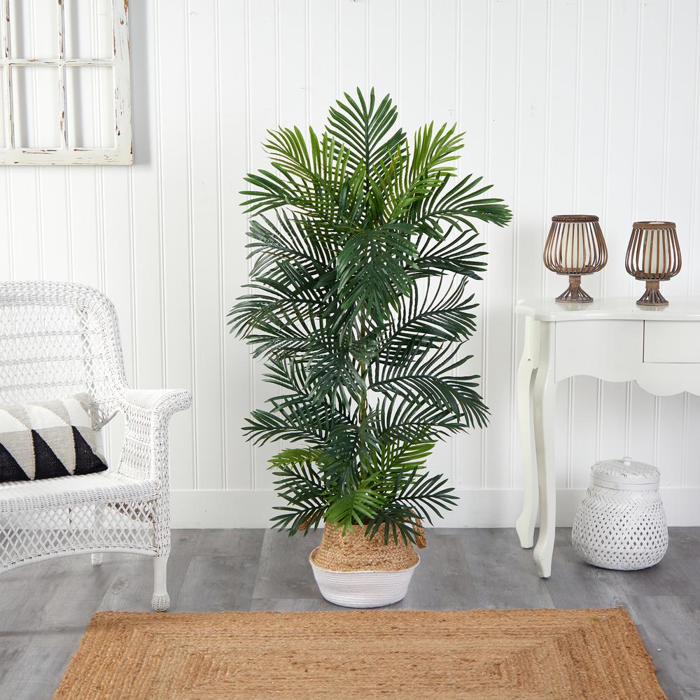 5ft. Areca Artificial Palm Tree in Boho Chic Handmade Cotton & Jute White Woven Planter UV Resistant (Indoor/Outdoor). Picture 4