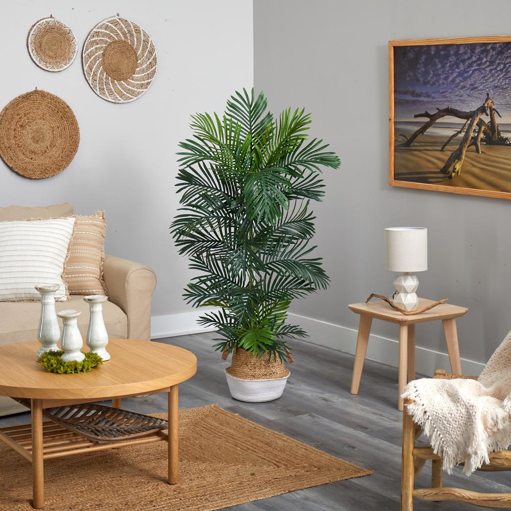 5ft. Areca Artificial Palm Tree in Boho Chic Handmade Cotton & Jute White Woven Planter UV Resistant (Indoor/Outdoor). Picture 2