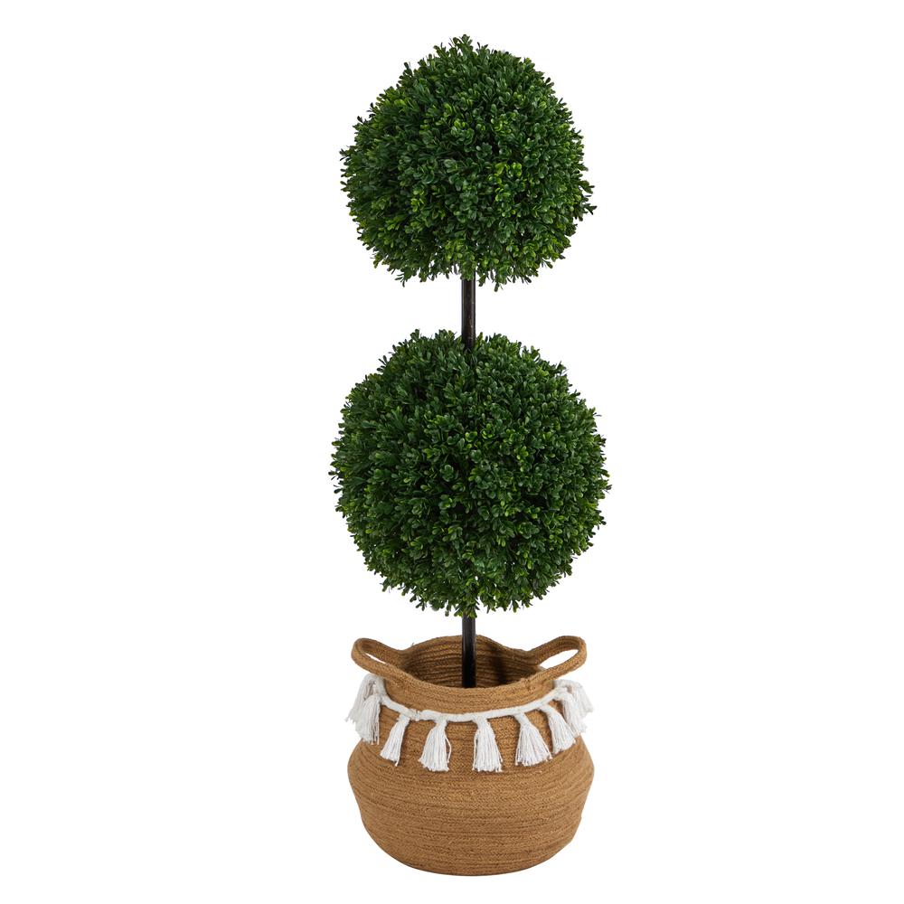 Boxwood Double Ball Artificial Topiary Tree in Boho Chic Handmade Planter. Picture 1
