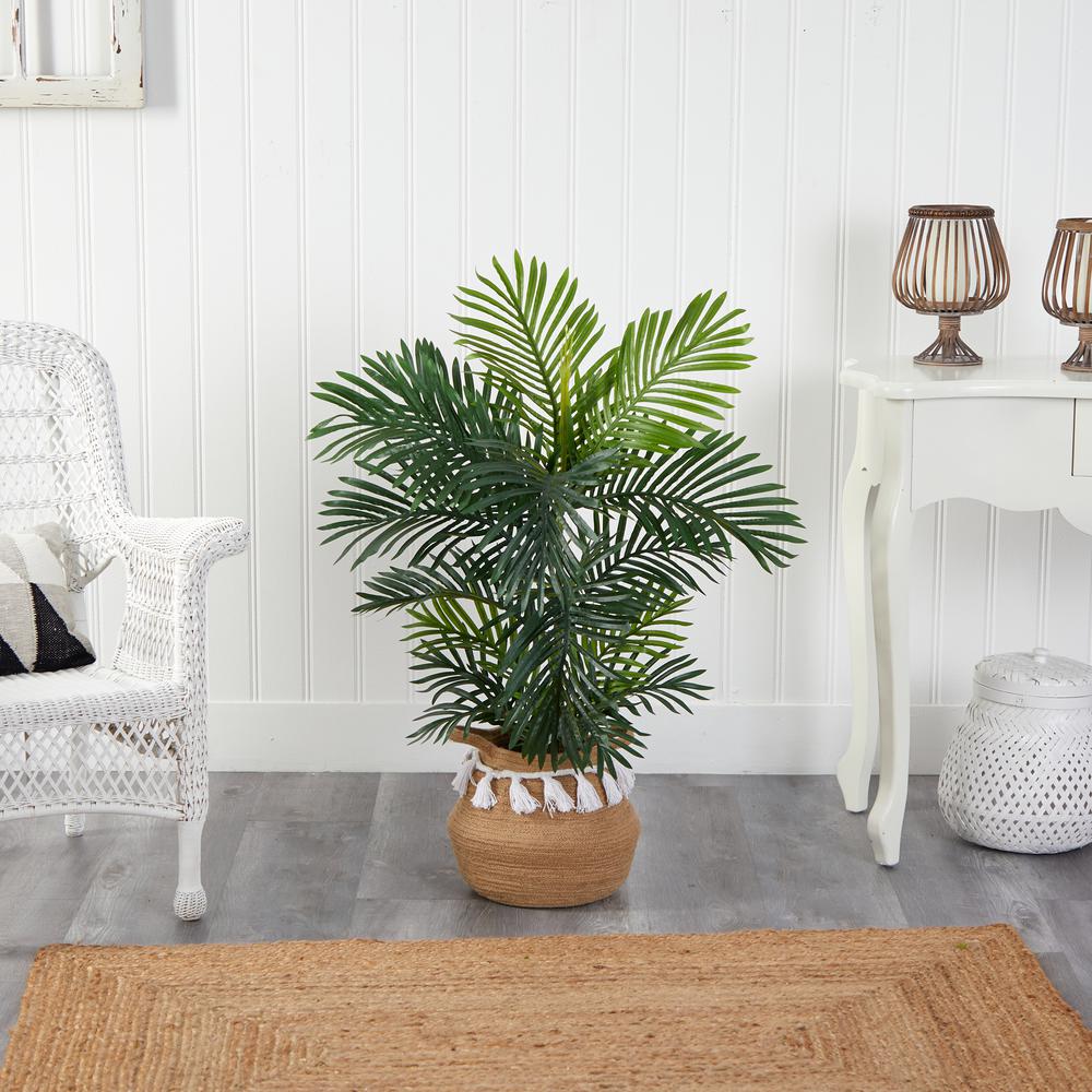 Areca Artificial Palm Tree in Boho Chic Handmade Natural Cotton Woven Planter. Picture 3
