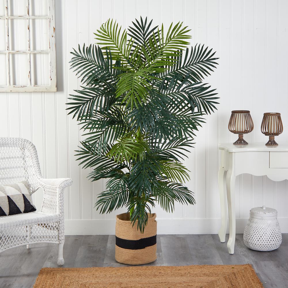 6.5ft. Golden Cane Artificial Palm Tree in Handmade Natural Cotton Planter. Picture 3