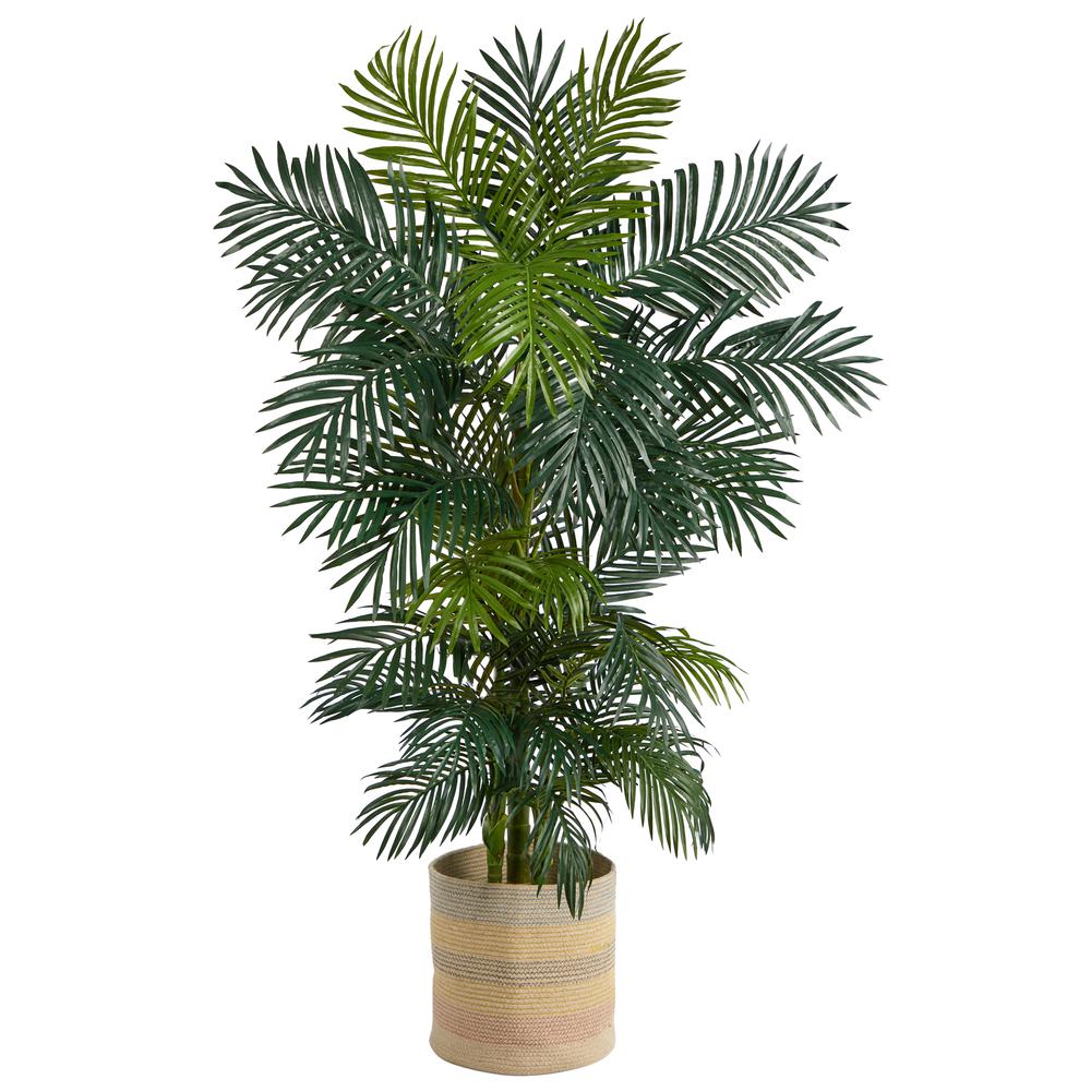 Golden Cane Artificial Palm Tree in Handmade Natural Cotton Woven Planter. Picture 1