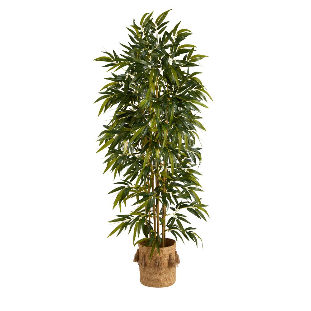 75in. Bamboo Artificial Tree in Handmade Natural Jute Planter with Tassels. Picture 1