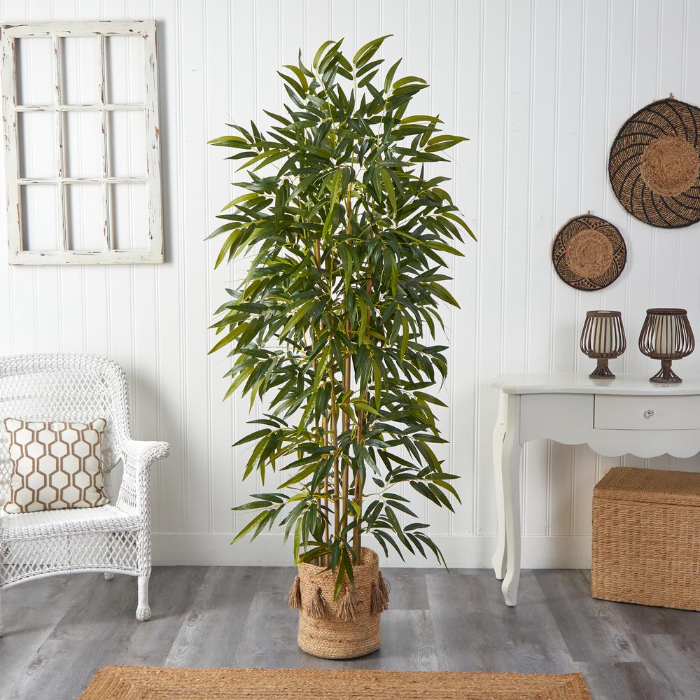 75in. Bamboo Artificial Tree in Handmade Natural Jute Planter with Tassels. Picture 3