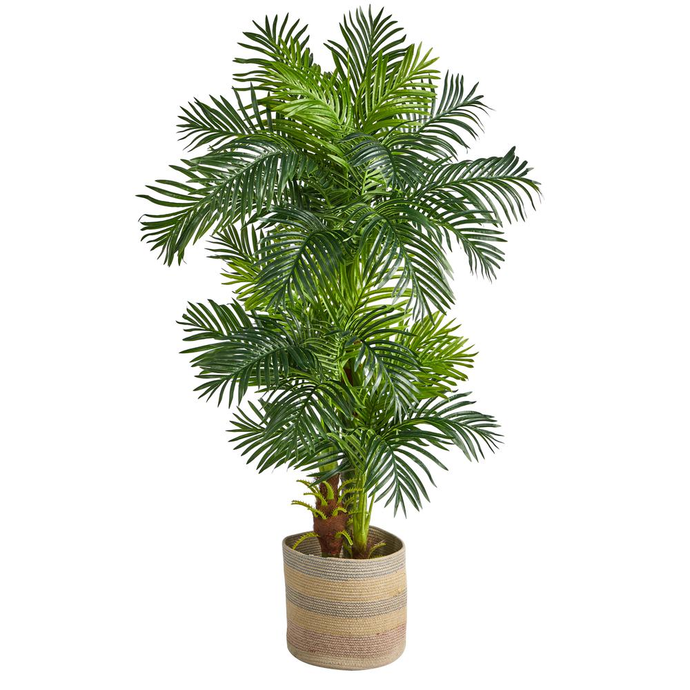 6ft. Hawaii Artificial Palm Tree in Handmade Natural Cotton Multicolored Woven Planter. Picture 1