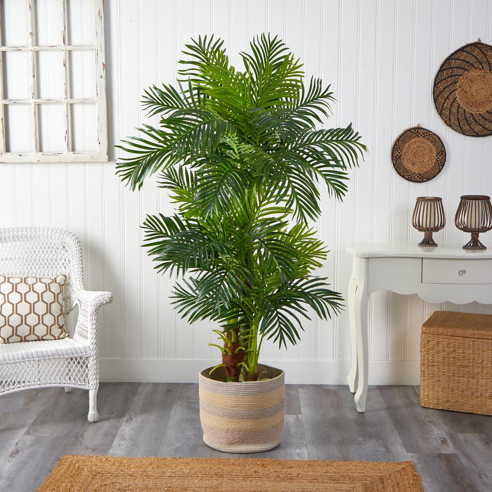 6ft. Hawaii Artificial Palm Tree in Handmade Natural Cotton Multicolored Woven Planter. Picture 4