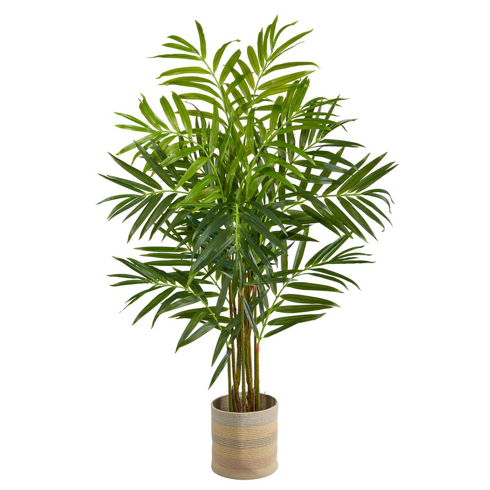 King Palm Artificial Tree in Handmade Natural Cotton Multicolored Woven Planter. Picture 1