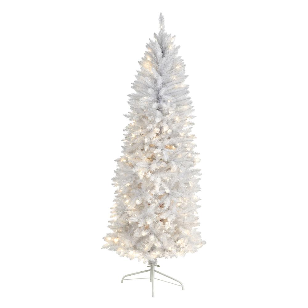 6ft. Slim White Artificial Christmas Tree with 250 Warm White LED Lights and 743 Bendable Branches. Picture 2