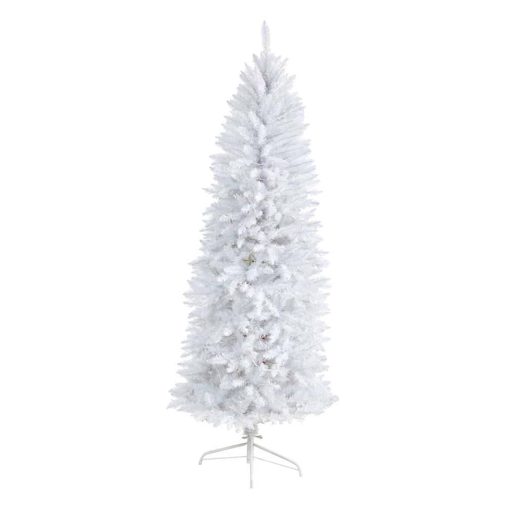 6ft. Slim White Artificial Christmas Tree with 250 Warm White LED Lights and 743 Bendable Branches. Picture 1