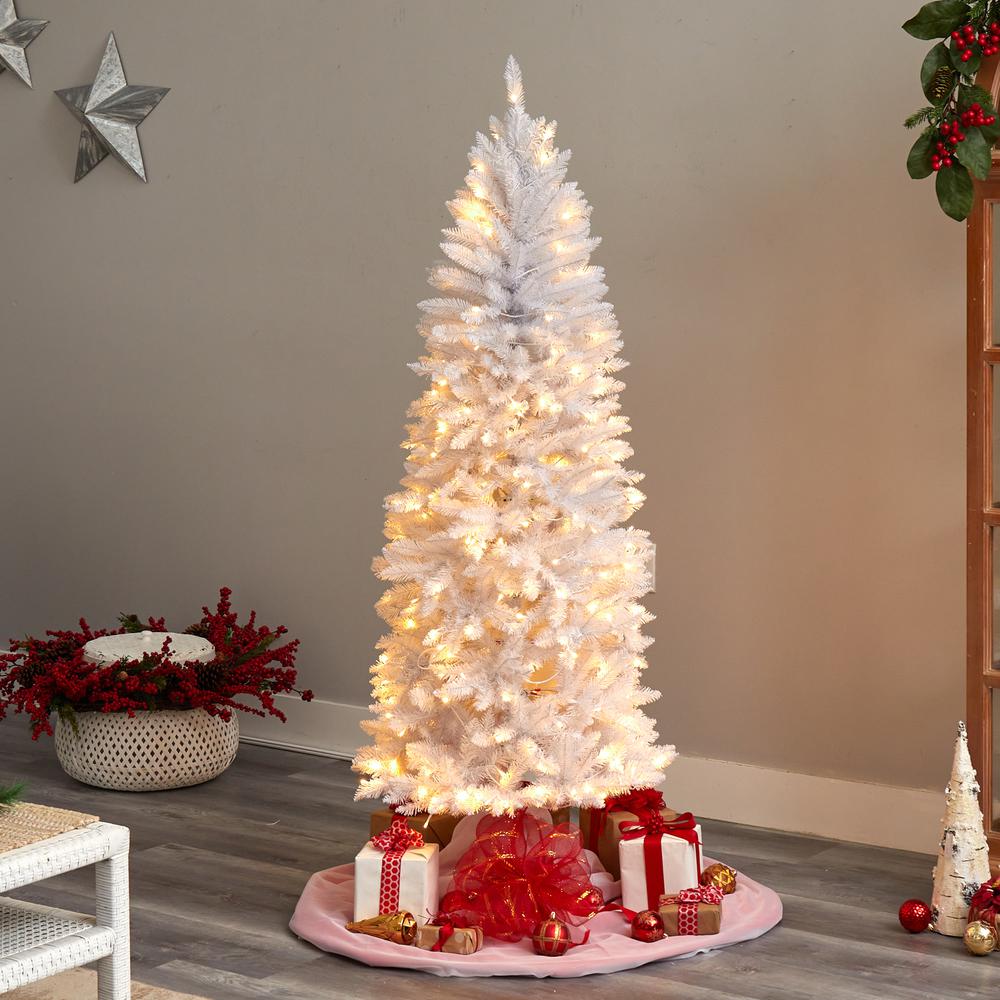 6ft. Slim White Artificial Christmas Tree with 250 Warm White LED Lights and 743 Bendable Branches. Picture 10