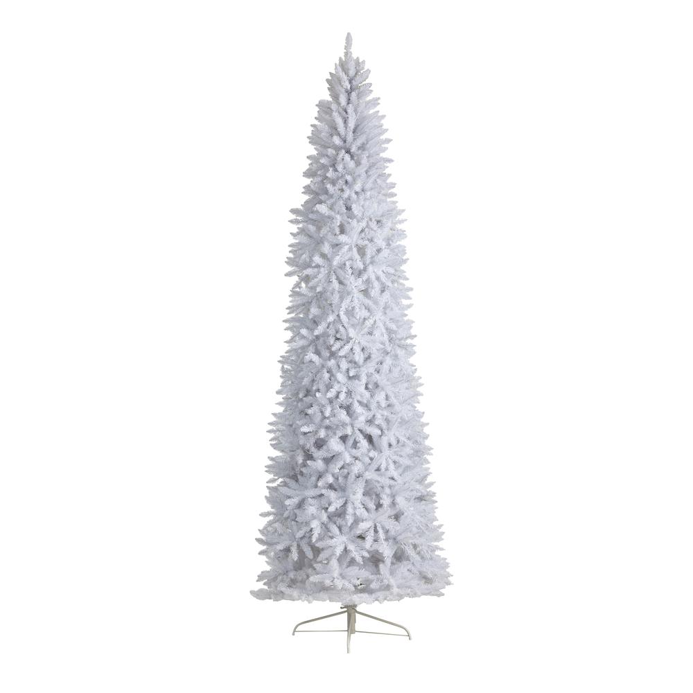 10ft. Slim White Artificial Christmas Tree with 800 Warm White LED Lights and 2420 Bendable Branches. Picture 2