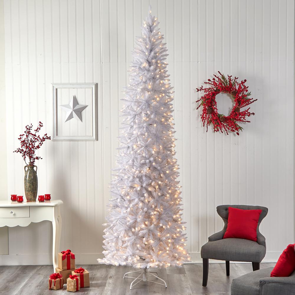 10ft. Slim White Artificial Christmas Tree with 800 Warm White LED Lights and 2420 Bendable Branches. Picture 10