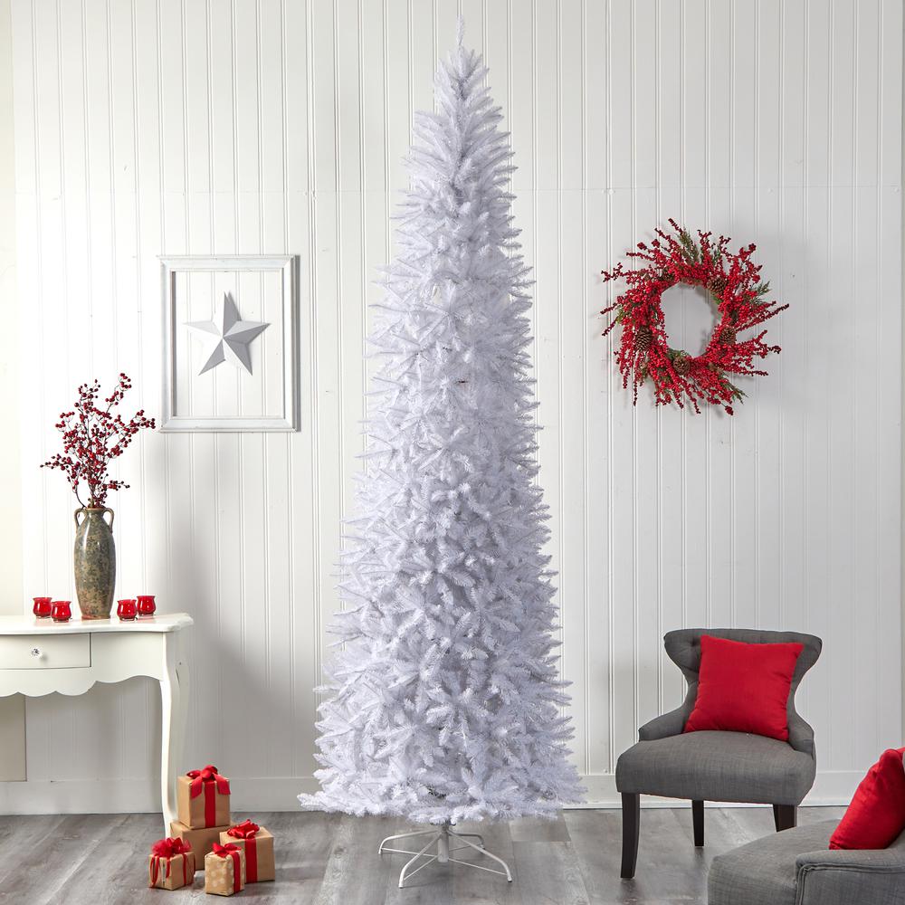 10ft. Slim White Artificial Christmas Tree with 800 Warm White LED Lights and 2420 Bendable Branches. Picture 7