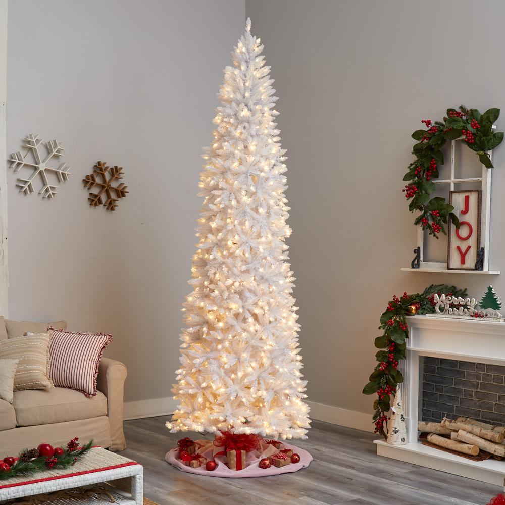 10ft. Slim White Artificial Christmas Tree with 800 Warm White LED Lights and 2420 Bendable Branches. Picture 8