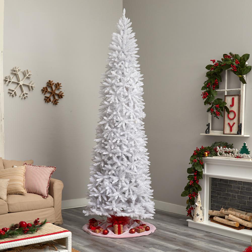 10ft. Slim White Artificial Christmas Tree with 800 Warm White LED Lights and 2420 Bendable Branches. Picture 9